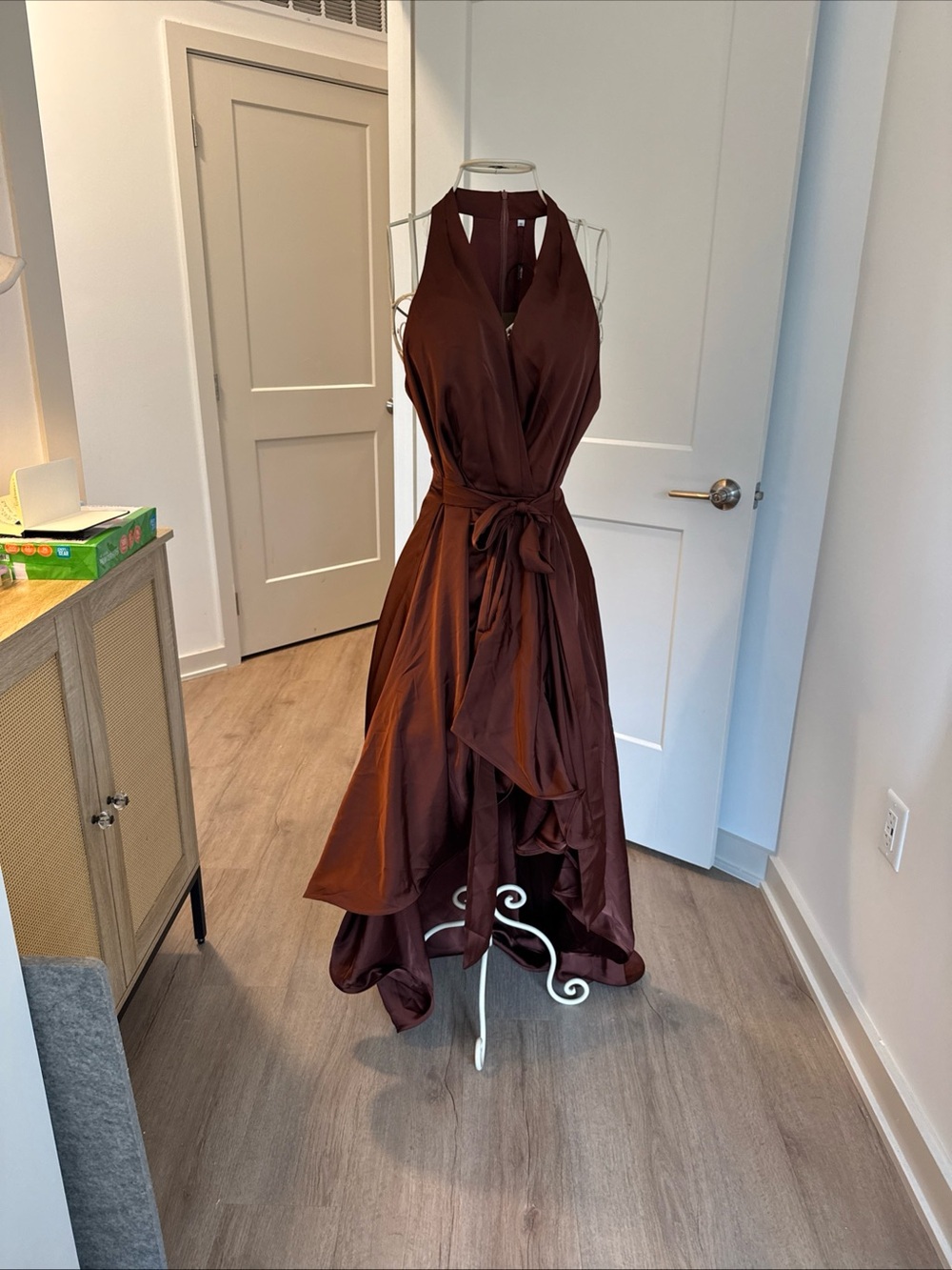 Elegant Brown Halter Midi Dress with Tie Waist
